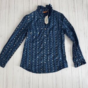 Oliphant Navy and Gold Ruffle Collar Blouse